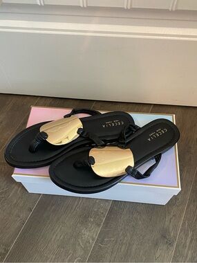 CECELIA NEW YORK Black Sandals with Gold Medallion
